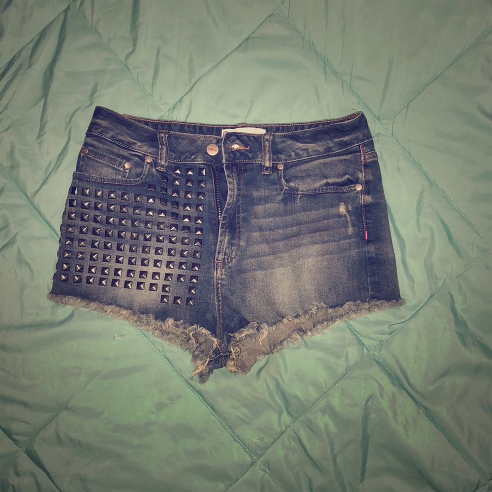 High rise denim studded shorts